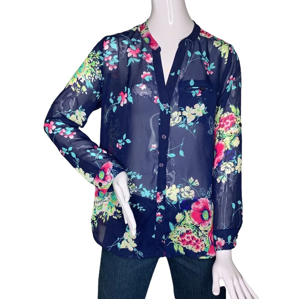 Kut from the Kloth sheer top size MP floral blue print long sleeve butto…
